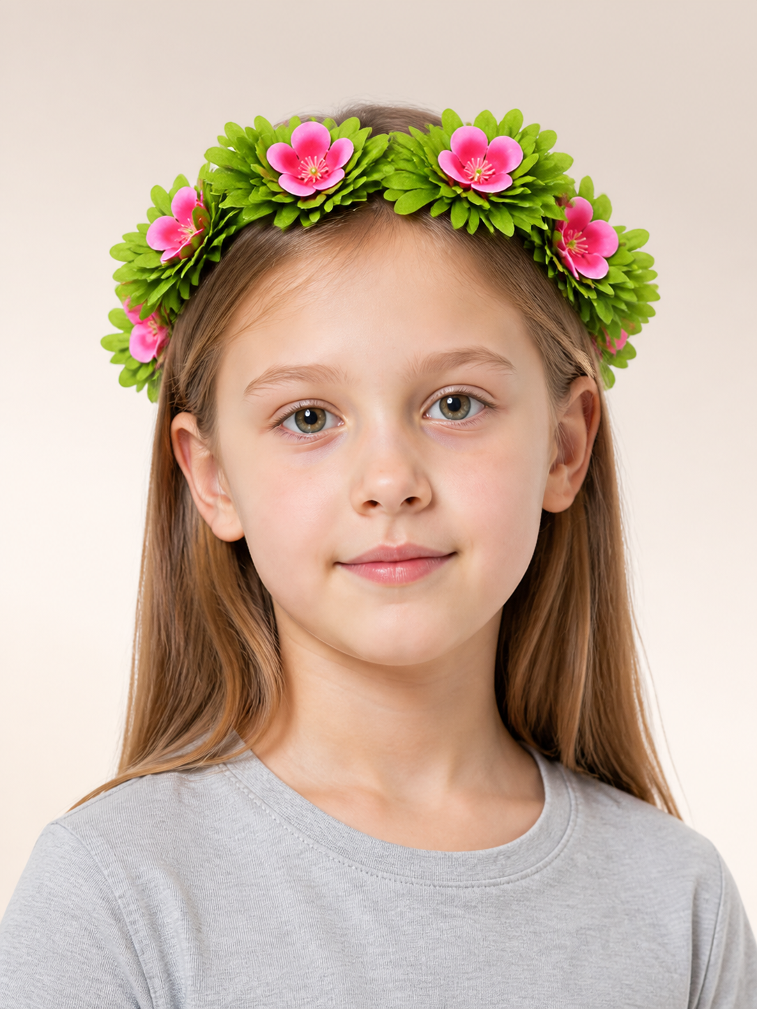 Carnival Headpiece: Pink Flowers and Green Leaves Costume Headwear detail 2