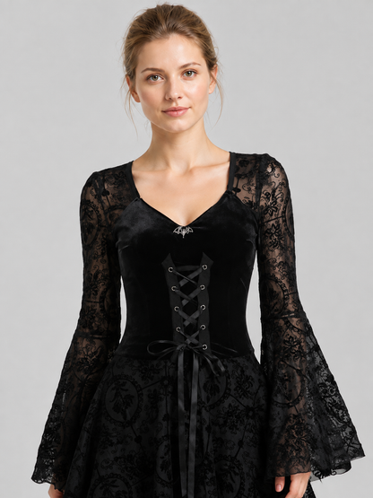 Short Black Dress with Lacing and Lace Pattern Costume Dresses detail 2