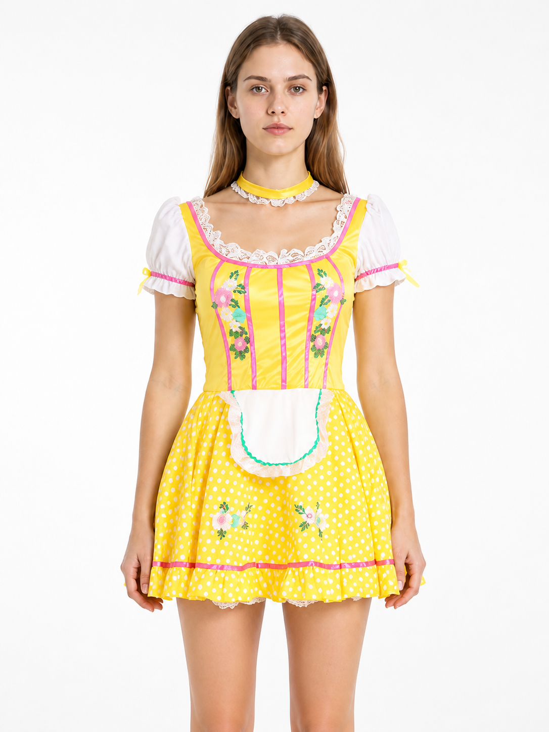 Dress with an apron and puff sleeves in polka dots and floral print Costume Dresses detail 3