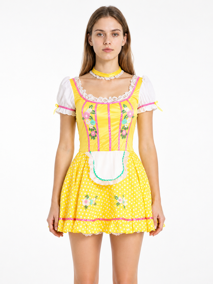 Dress with an apron and puff sleeves in polka dots and floral print Costume Dresses detail 3