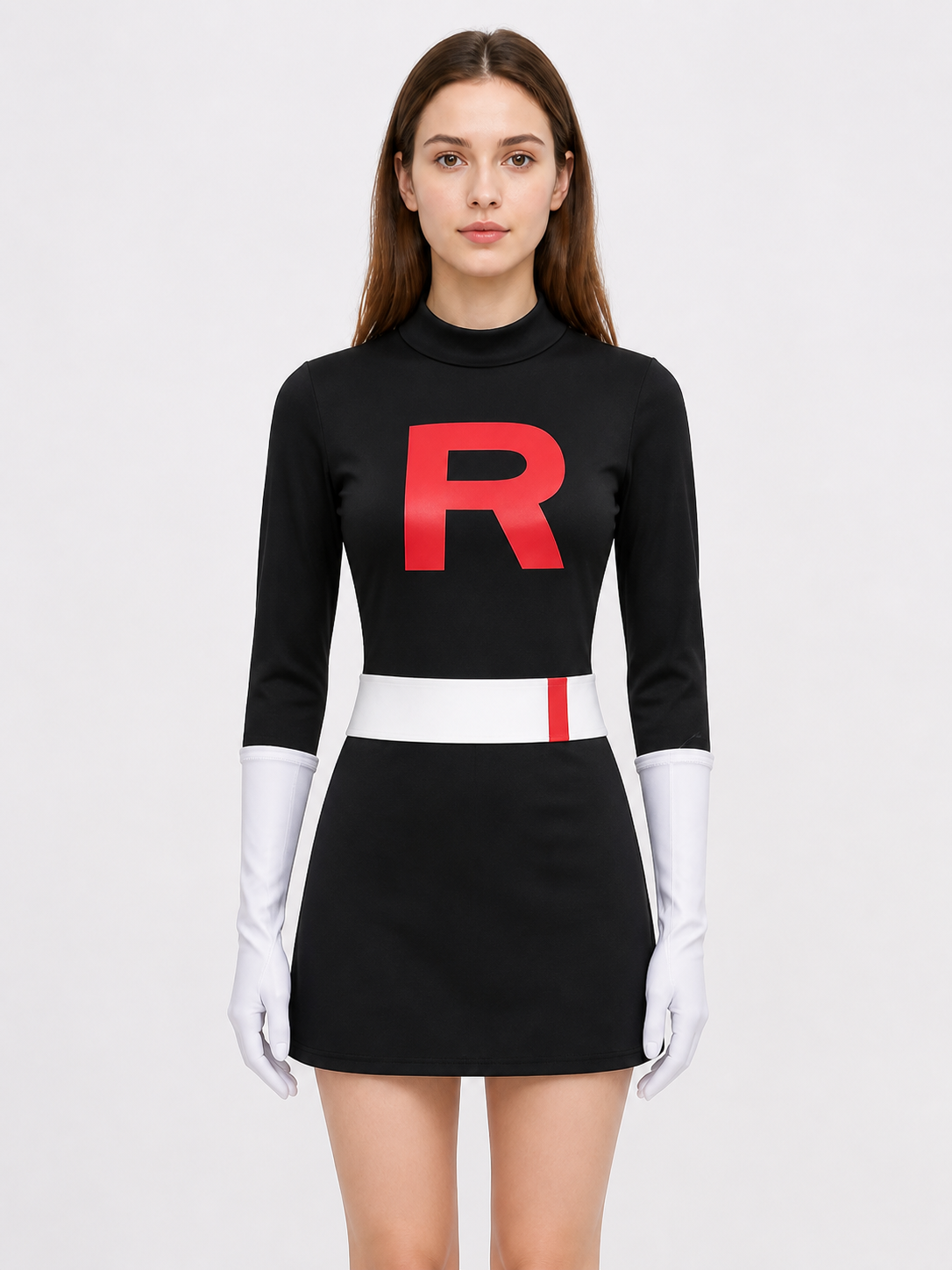 Black Cosplay Dress with a High Collar and the Letter R Costume Dresses detail 3
