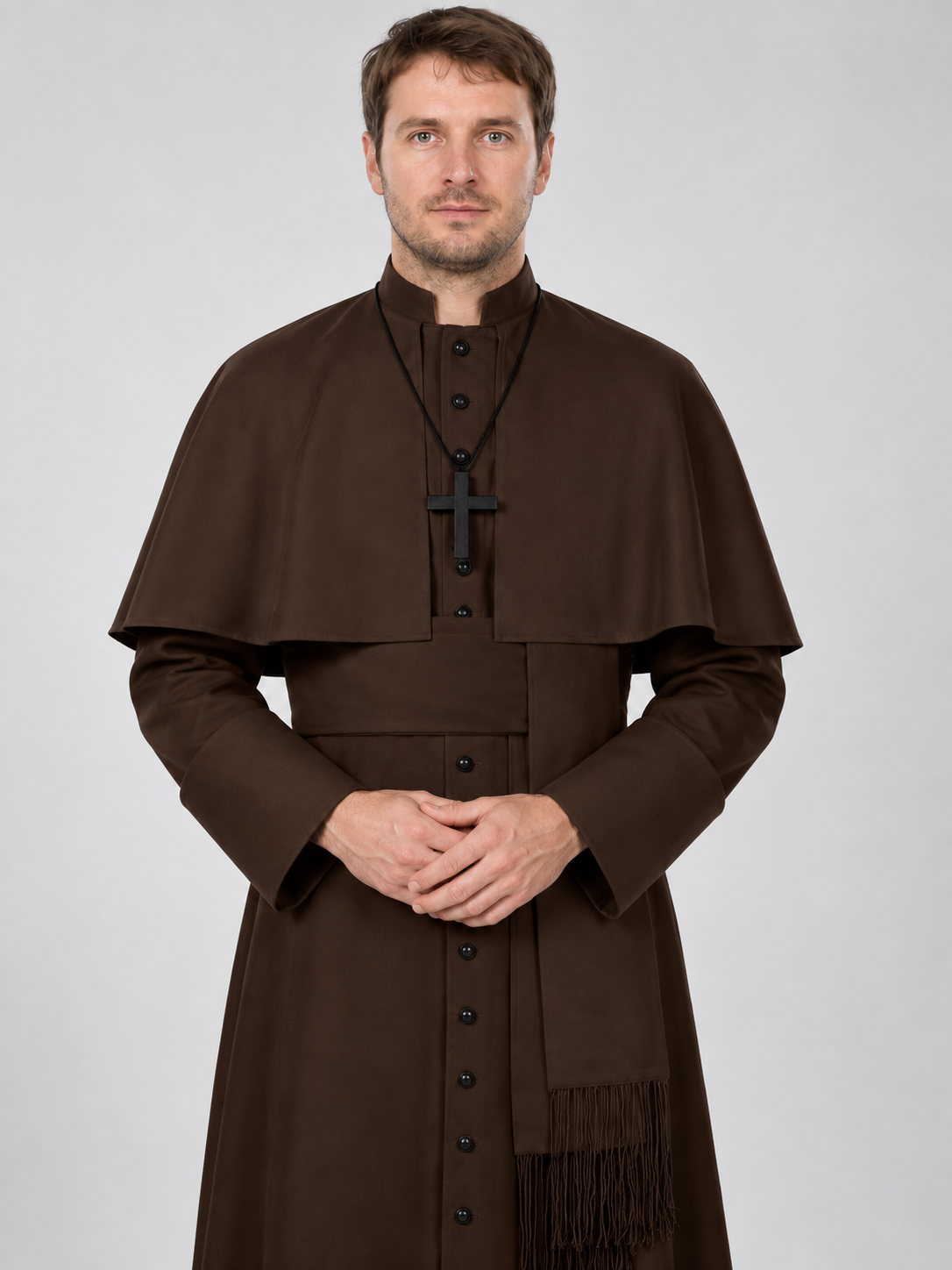 Brown Polyester Priest Costume with Cape and Belt