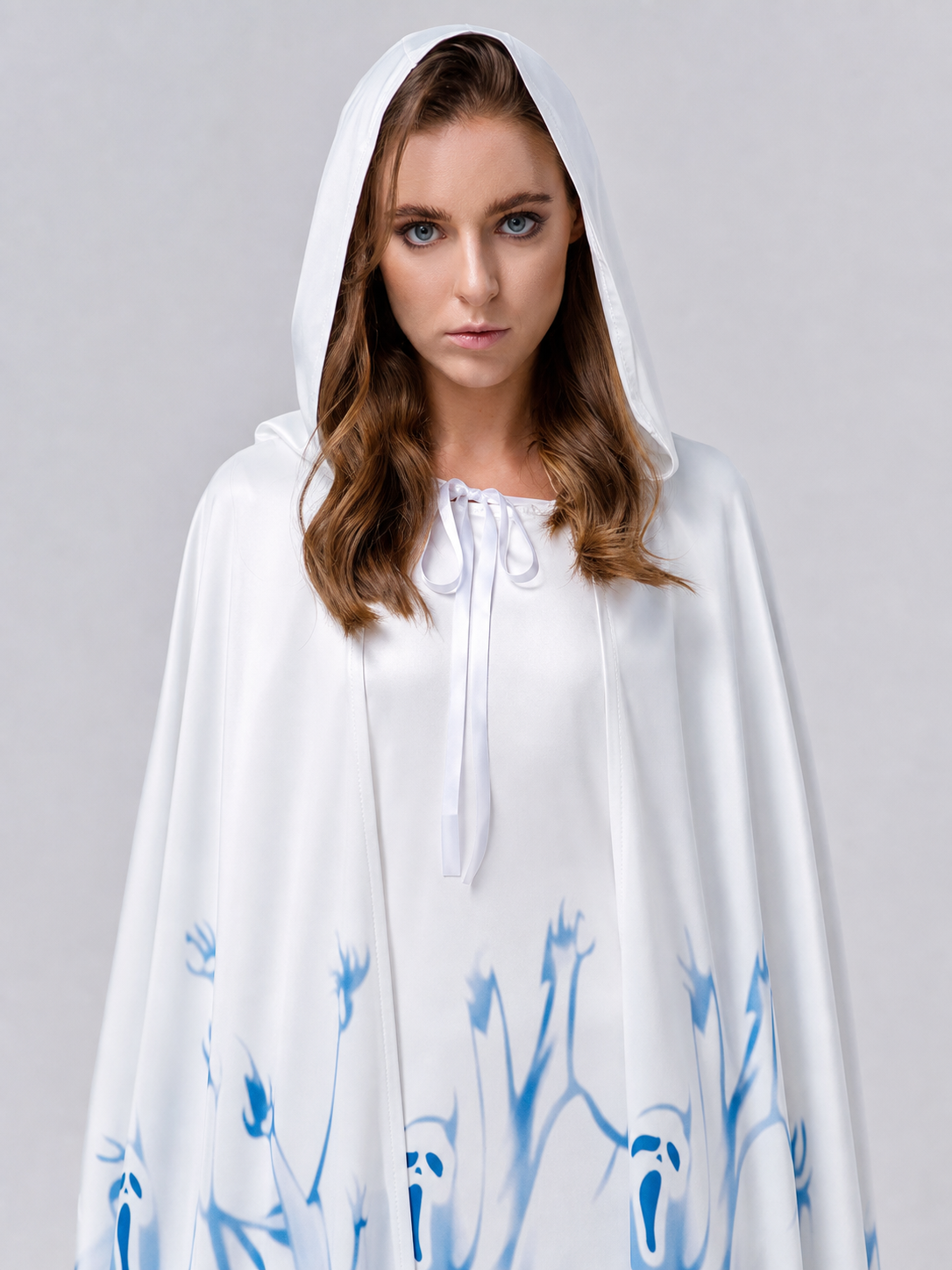 White Long Hooded Robe with Blue Pattern