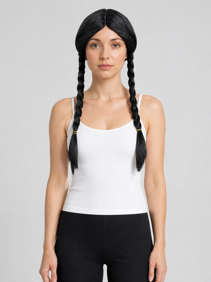 Black Wig with Two Braids, Wednesday Cosplay Costume Wigs detail 3