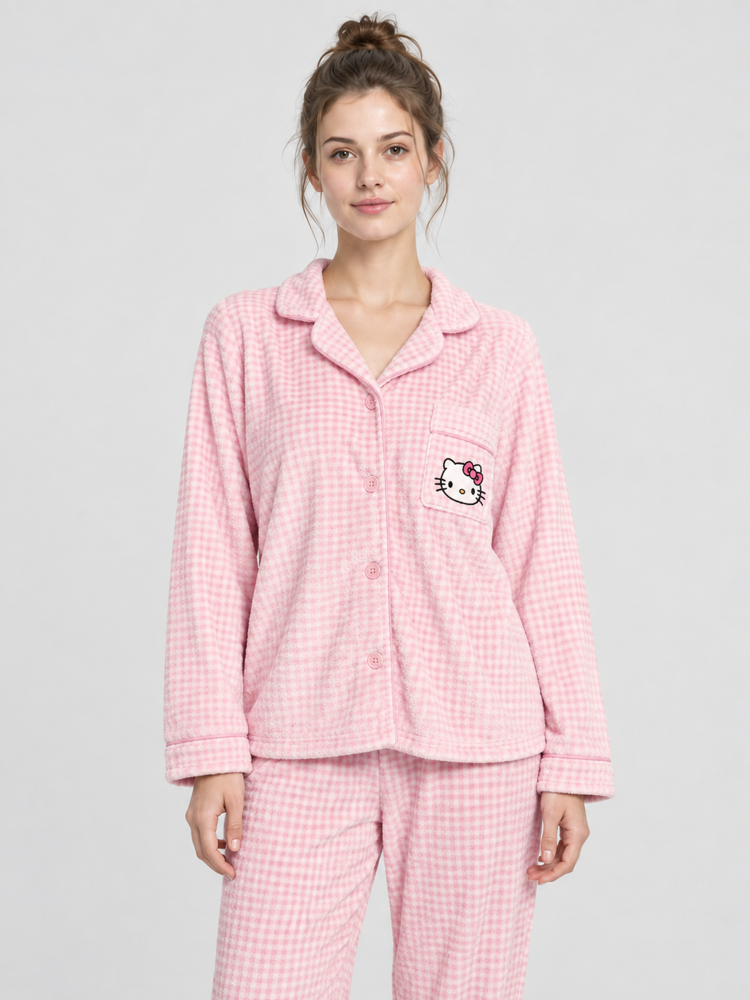 Flannel Pajama Set with Cat Appliqué