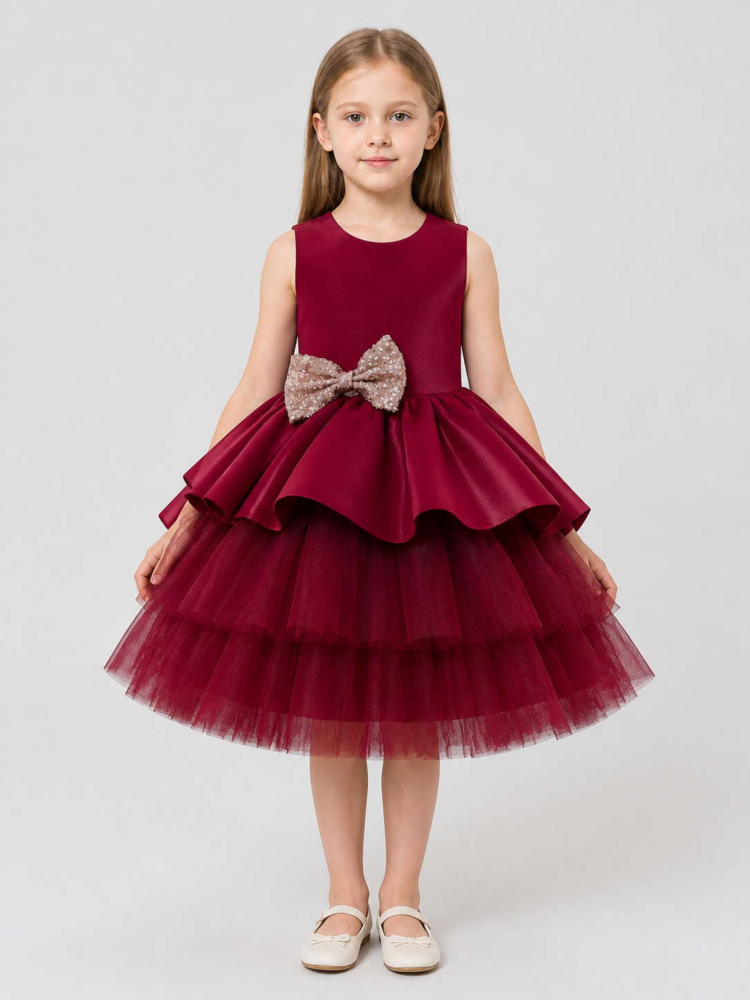 Children's Burgundy Princess Dress with Full Skirt and Bow Costume Dresses detail 3