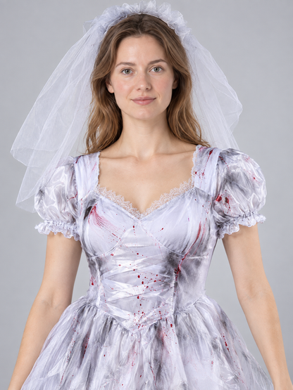 Ghost Bride Carnival Costume White with Veil and Lace