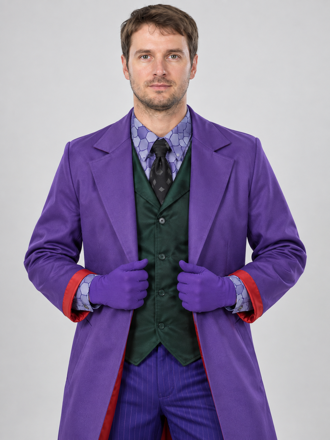 Clown carnival costume with purple coat and vest