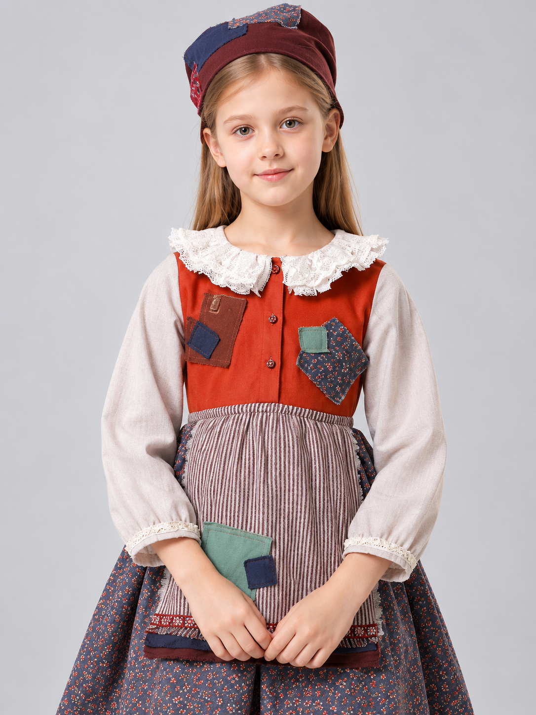 Kids' costume with dress, apron, and headscarf