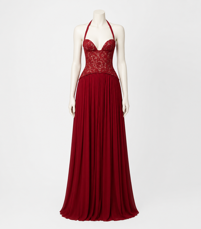 Maxi Dress with Halter Straps, Corset Bodice, and Pleated Skirt Costume Dresses detail 3
