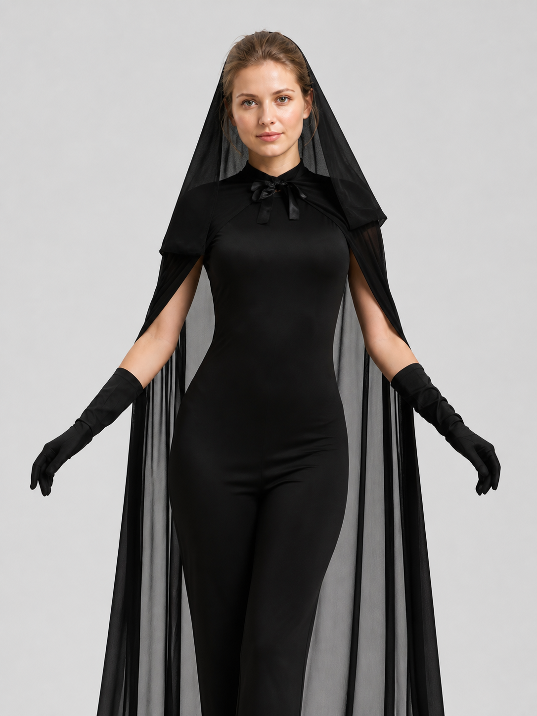 Black Vampire Costume with Long Cape and Gloves Costume Capes detail 3