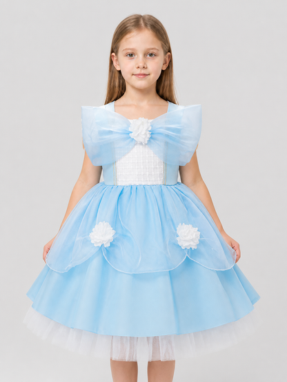 Light Blue Girls’ Princess Dress with Bow and Full Skirt product detail 3