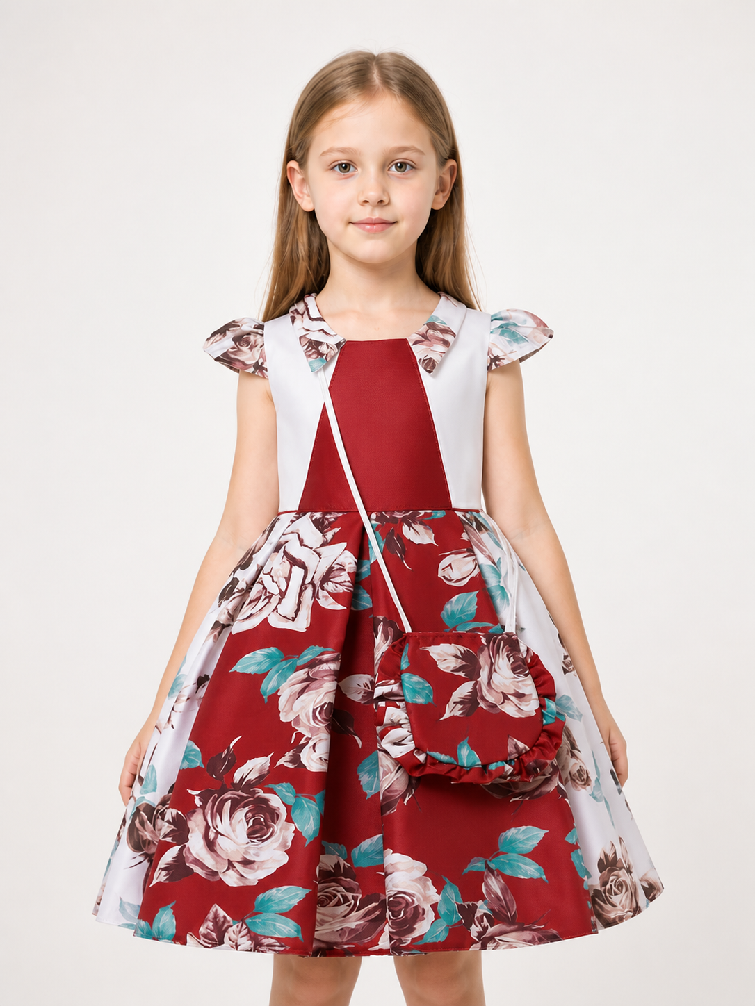 Burgundy Princess Dress with Floral Print and Handbag Costume Dresses detail 2