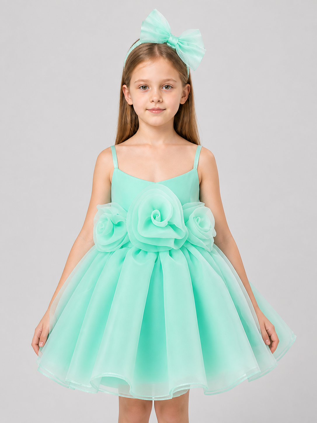 Short, Elegant Mint Dress with Roses and a Full Skirt Costume Dresses detail 3
