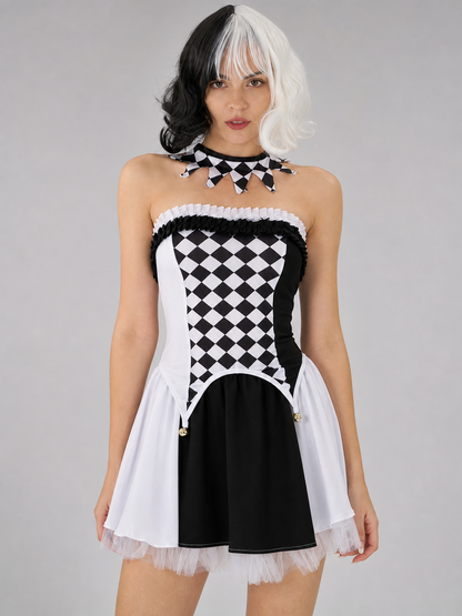 Black-and-White Carnival Dress with Diamond Pattern Costume Dresses detail 3