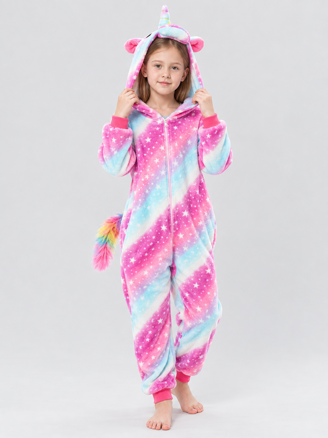Hooded Pajama Jumpsuit with Ears and Star Print