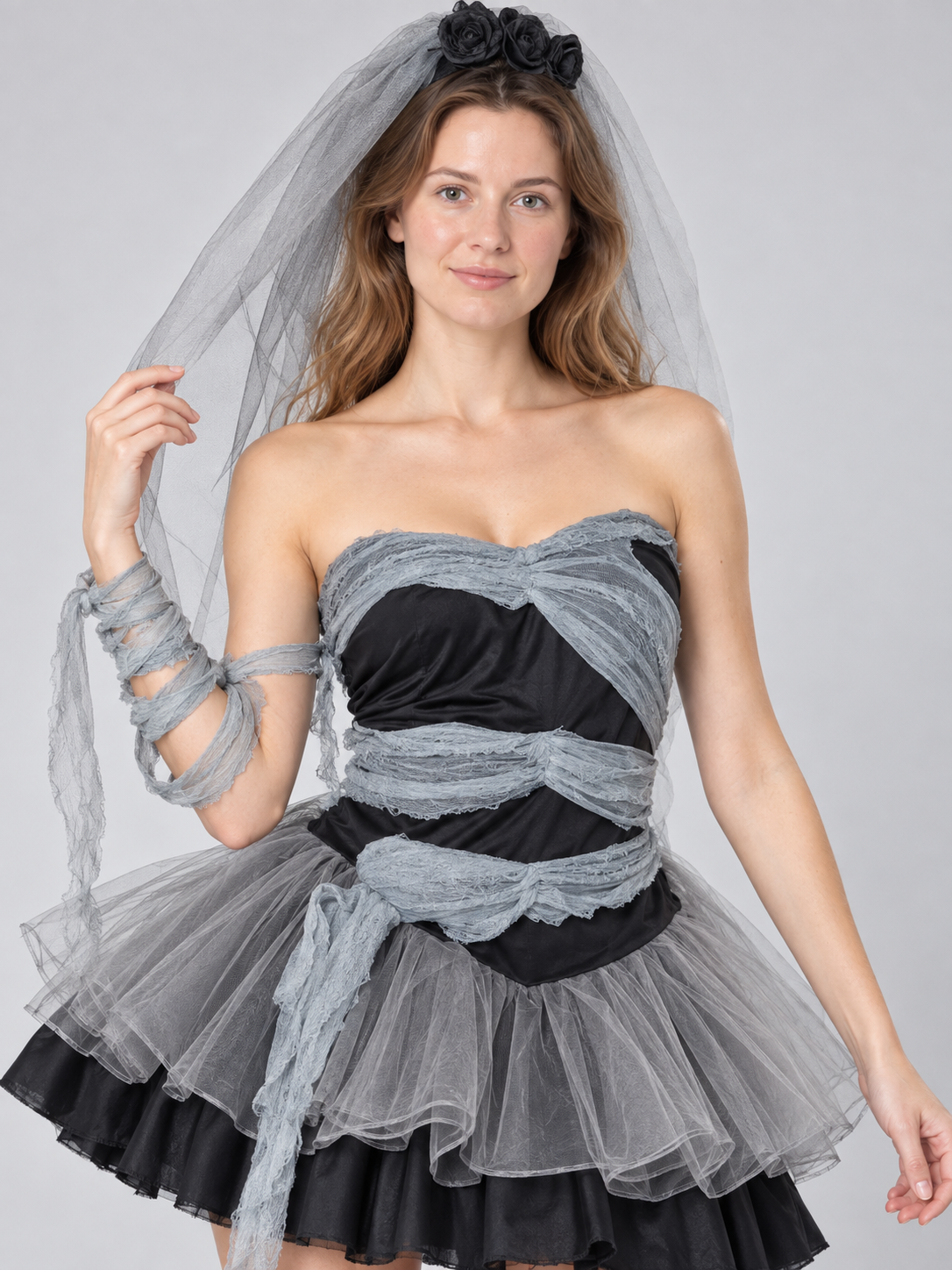 Ghost Bride Costume Black and Gray with Veil