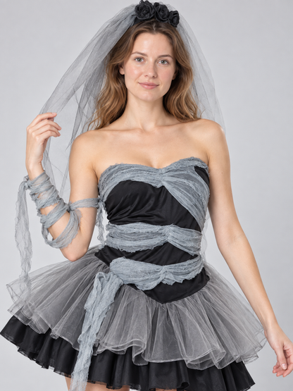Ghost Bride Costume Black and Gray with Veil