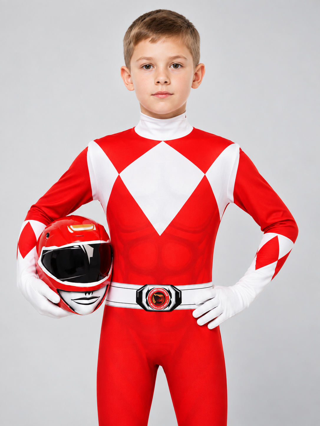 Red and White Carnival Costume Jumpsuit with Helmet Mask