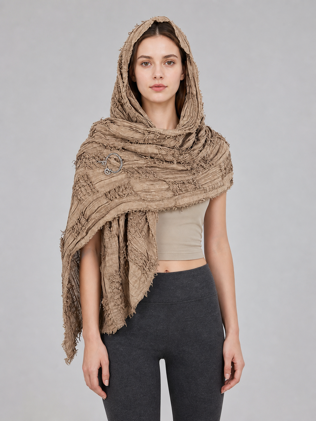 Boho Hooded Scarf Cape, Khaki
