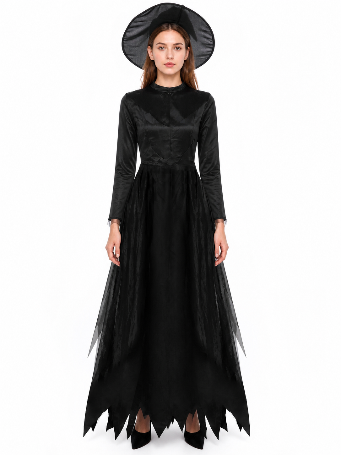 Long Black Dress with a High Collar and Sleeves
