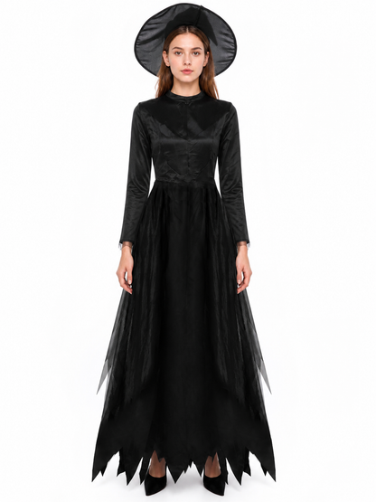 Long Black Dress with a High Collar and Sleeves