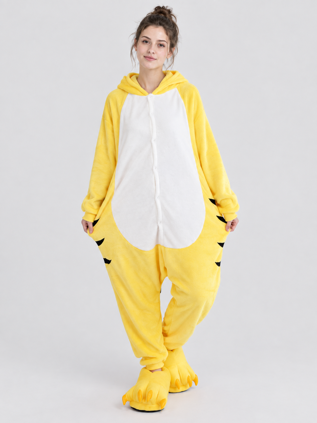 Yellow Plush Pajama Jumpsuit with Hood and Socks