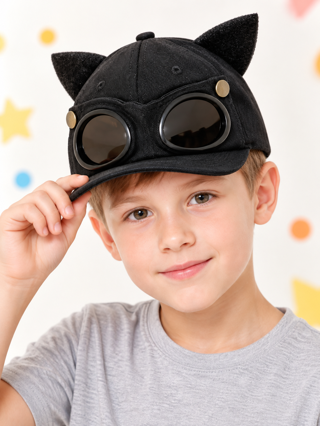 Kids' Baseball Cap with Ears and Decorative Glasses, Black
