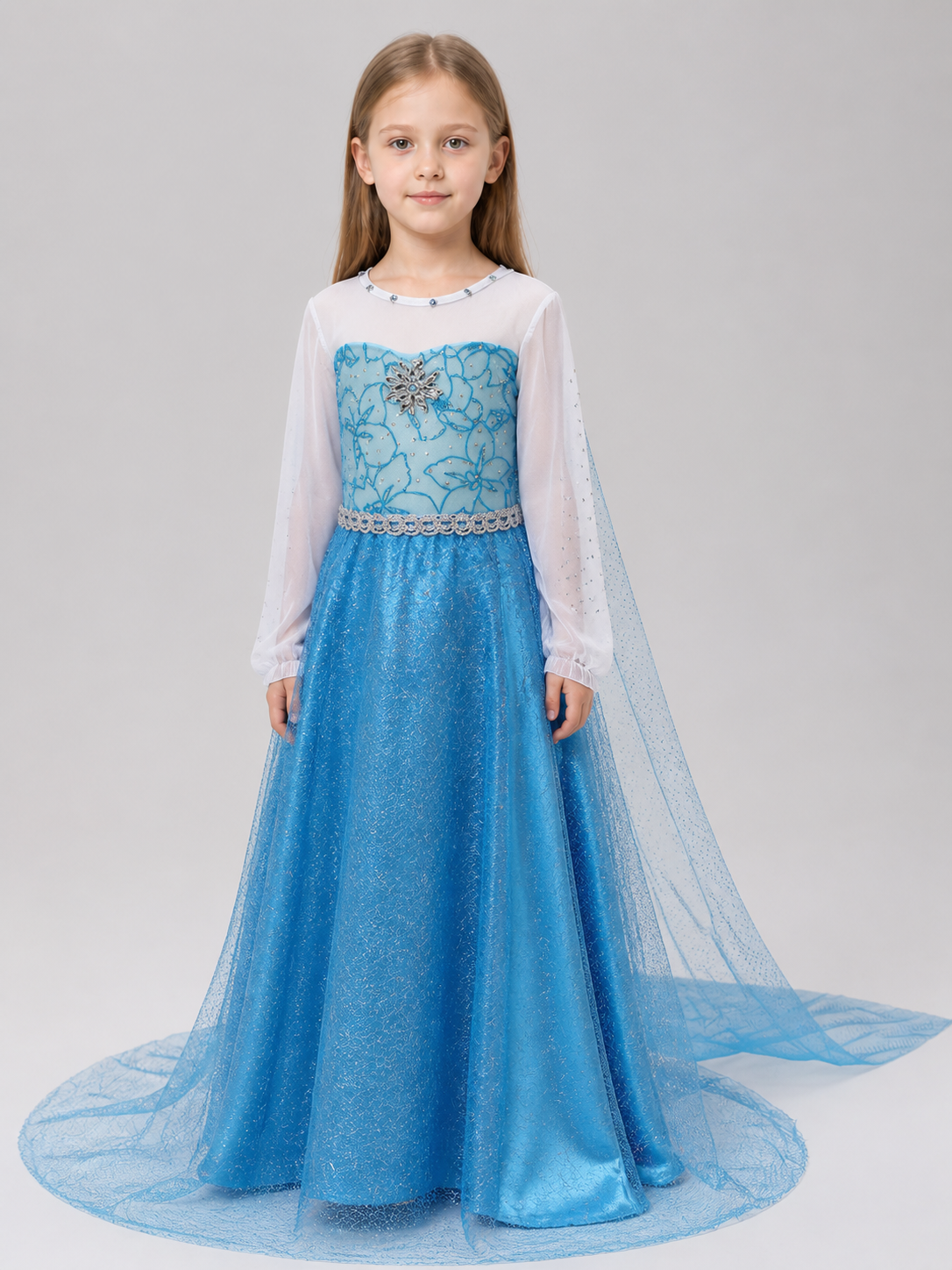 White and Blue Princess Dress with Lace Train Costume Dresses detail 3