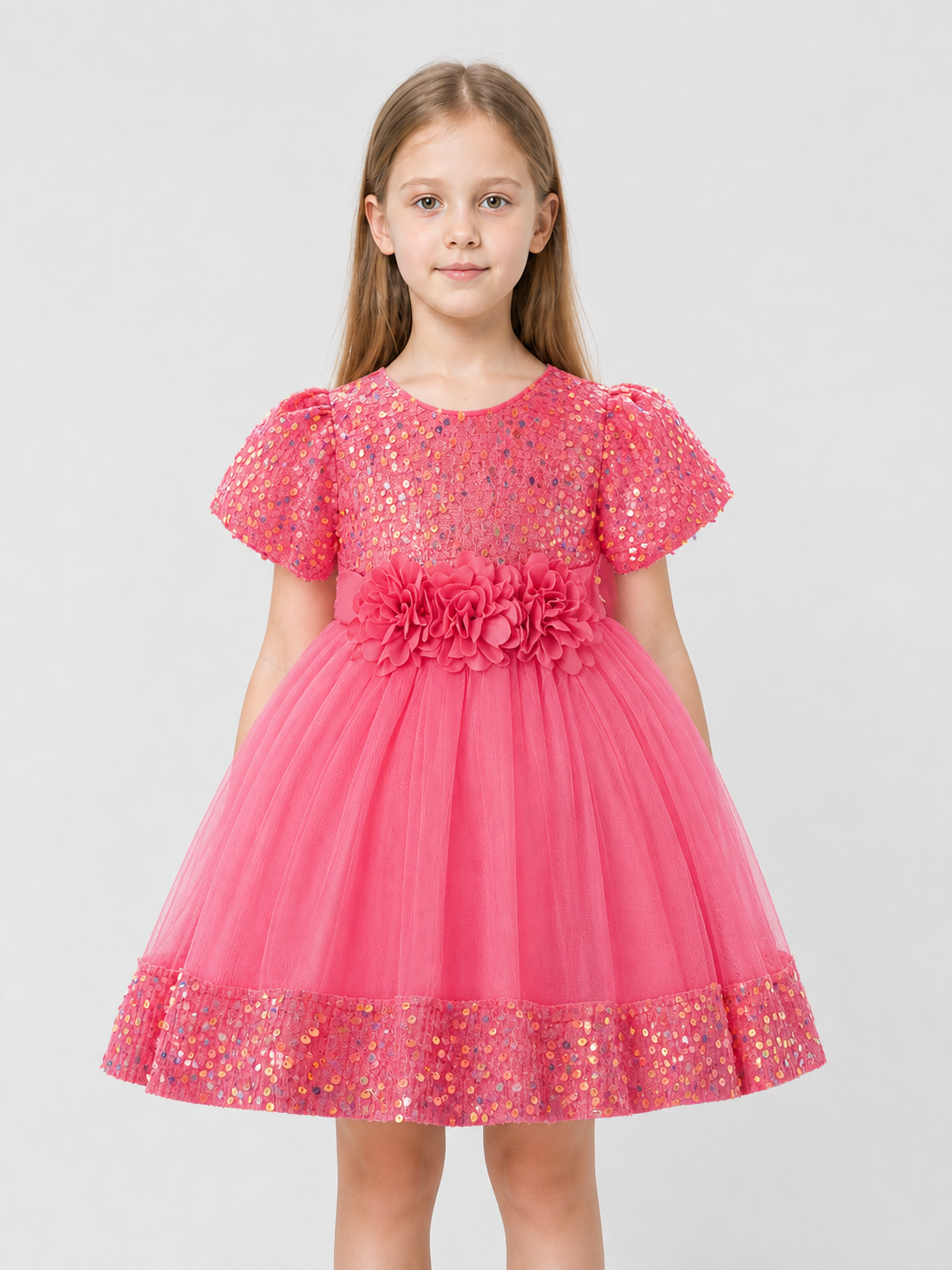 Girls' Dressy Sequin Dress with 3D Flowers Costume Dresses detail 3