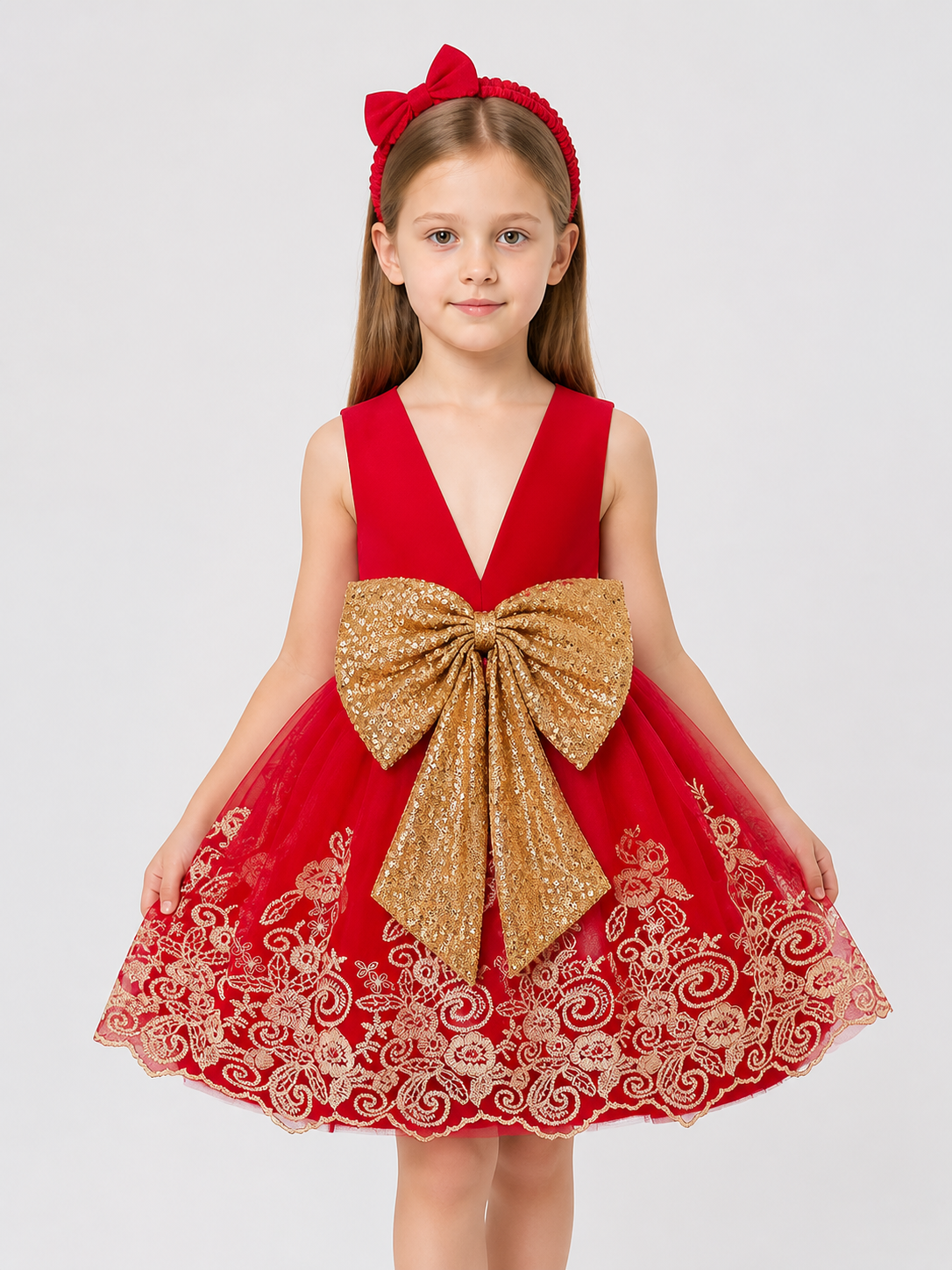Princess Dress in Red with Gold Embroidery and Bow Costume Dresses detail 3