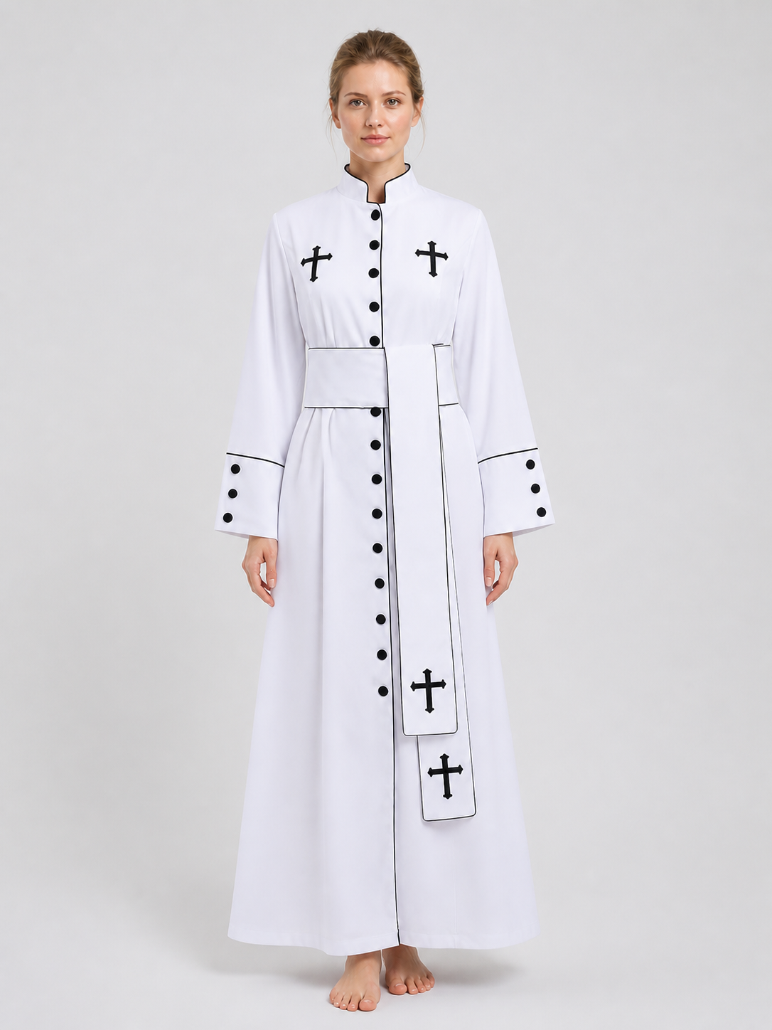 White Priest's Cassock with Black Crosses for Carnival Costumes detail 2