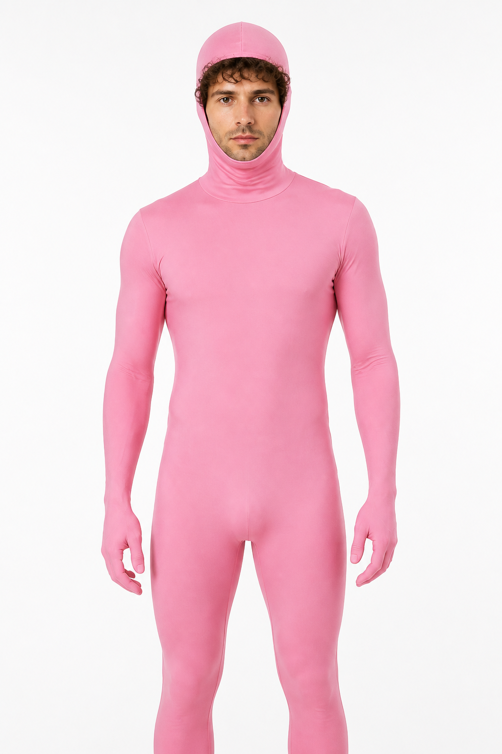 Pink one-piece zentai jumpsuit with an integrated hood product detail 3