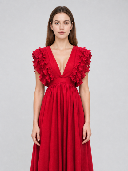 Floor-Length Ruffled Dress with a Deep V-Neckline