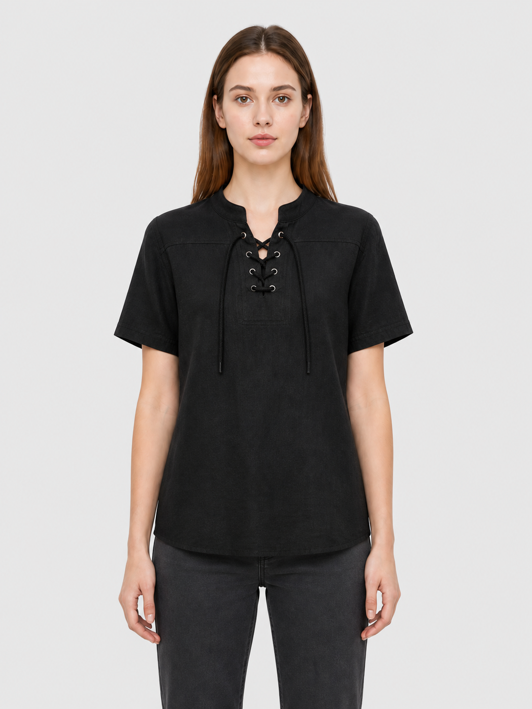 Short-Sleeve Lace-Up Shirt, Black