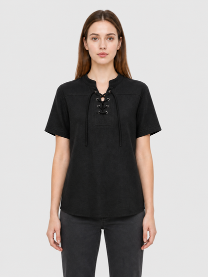 Short-Sleeve Lace-Up Shirt, Black