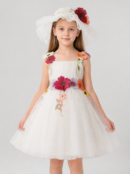 Full White Dress with Floral Details, Ages 4–8 product detail 3