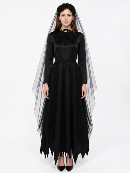Black Gothic Long Dress with Veil Costume Dresses detail 3