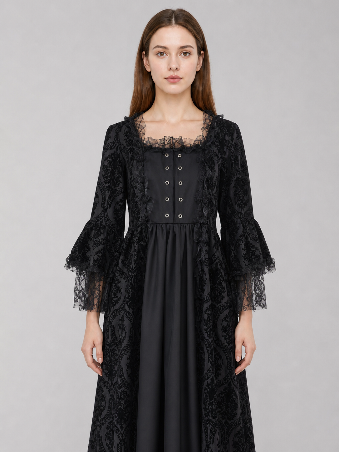 Gothic Vintage Maxi Dress with Lace Trim