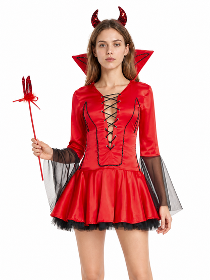 Red Demon Dress Costume with Horns and Mesh for Cosplay Costume Dresses detail 3