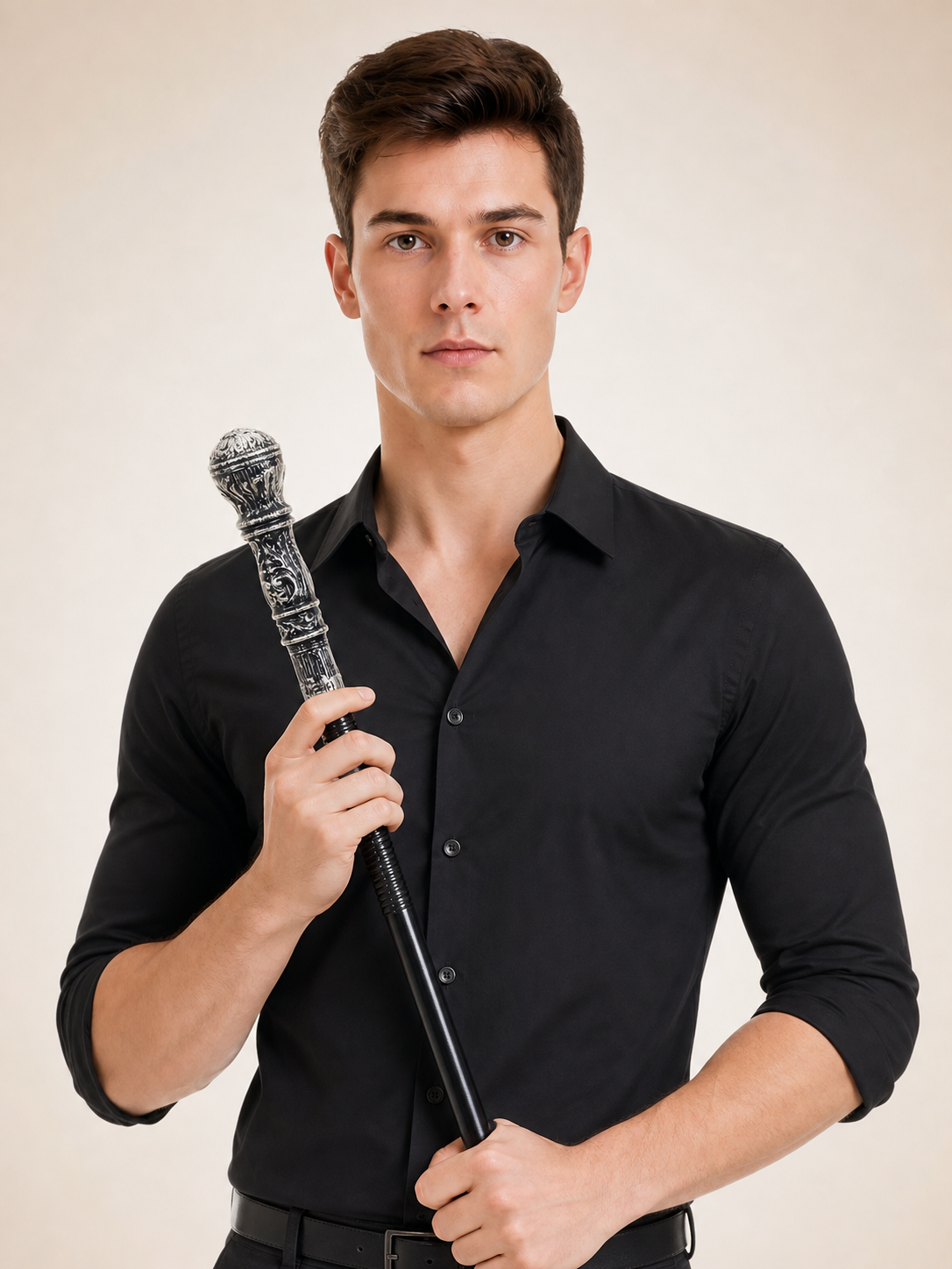 Close-up portrait of a man in a black shirt holding the ornate silver cane upright beside his face