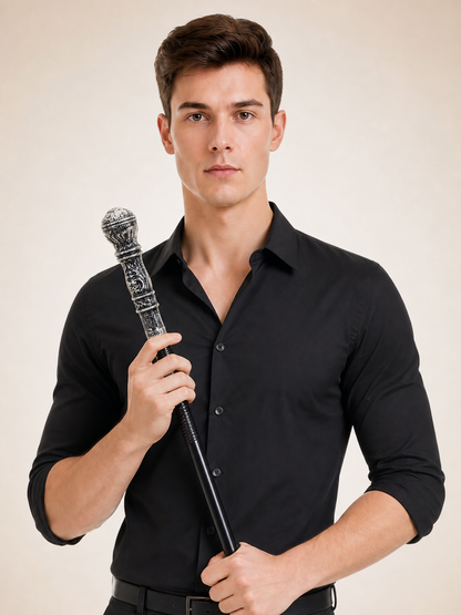 Close-up portrait of a man in a black shirt holding the ornate silver cane upright beside his face
