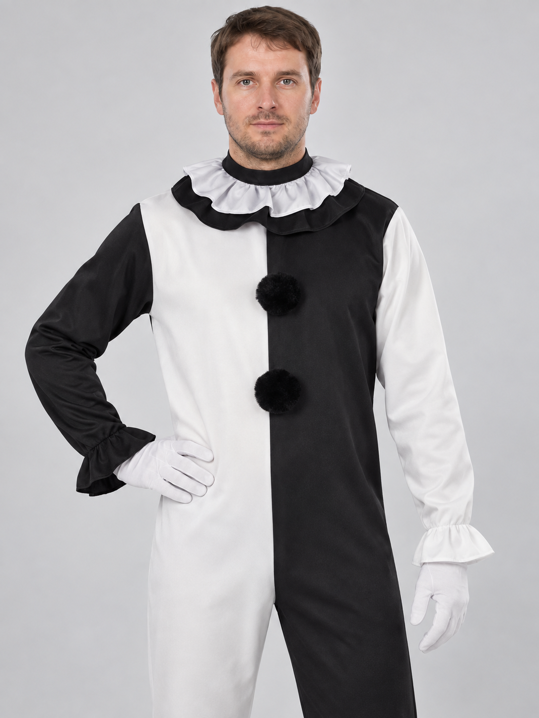 Black and White Clown Costume with Ruffles and Pom-Poms, 3 Pieces