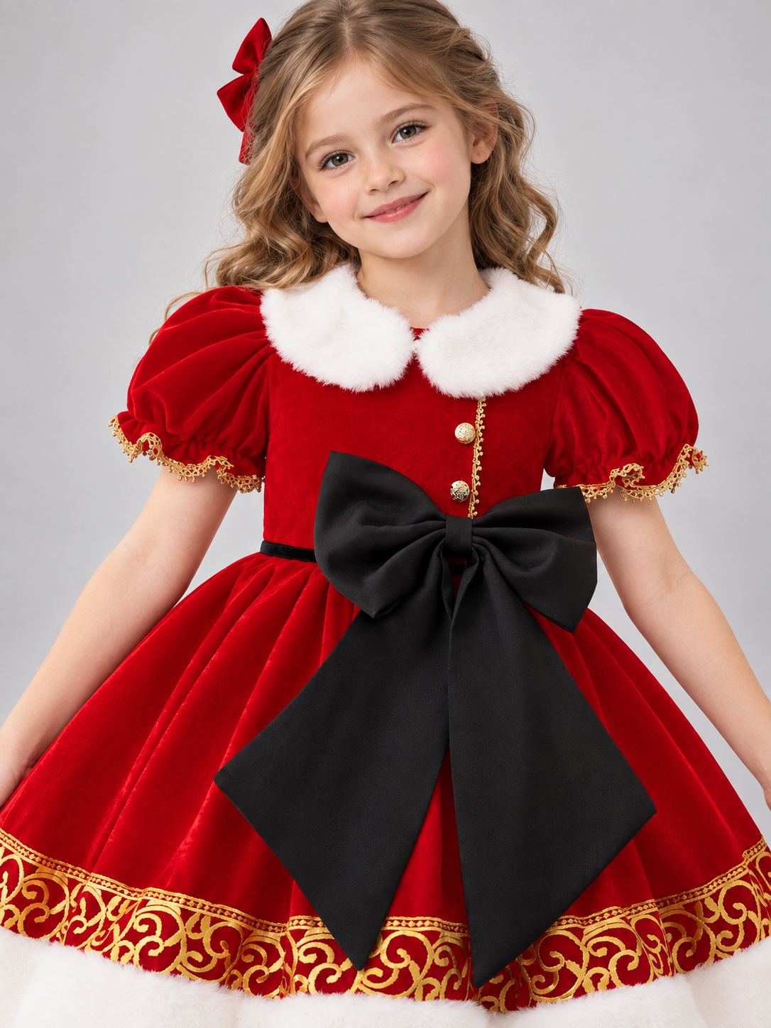 Kids' Holiday Dress with Bow and Faux Fur Collar