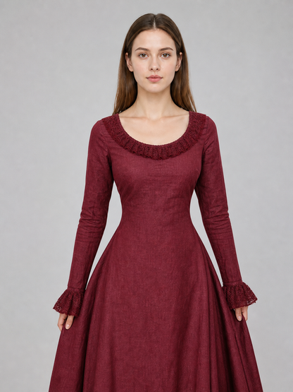 Vintage Burgundy Maxi Dress with Long Sleeves