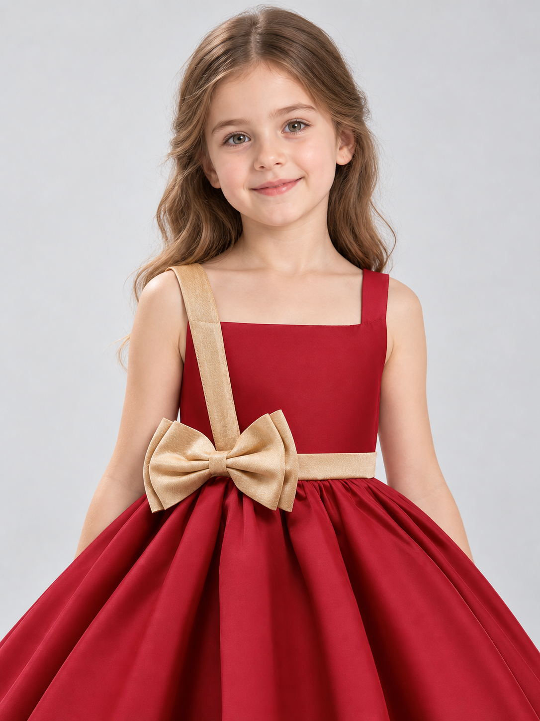 Burgundy sleeveless dress with gold bow and full skirt
