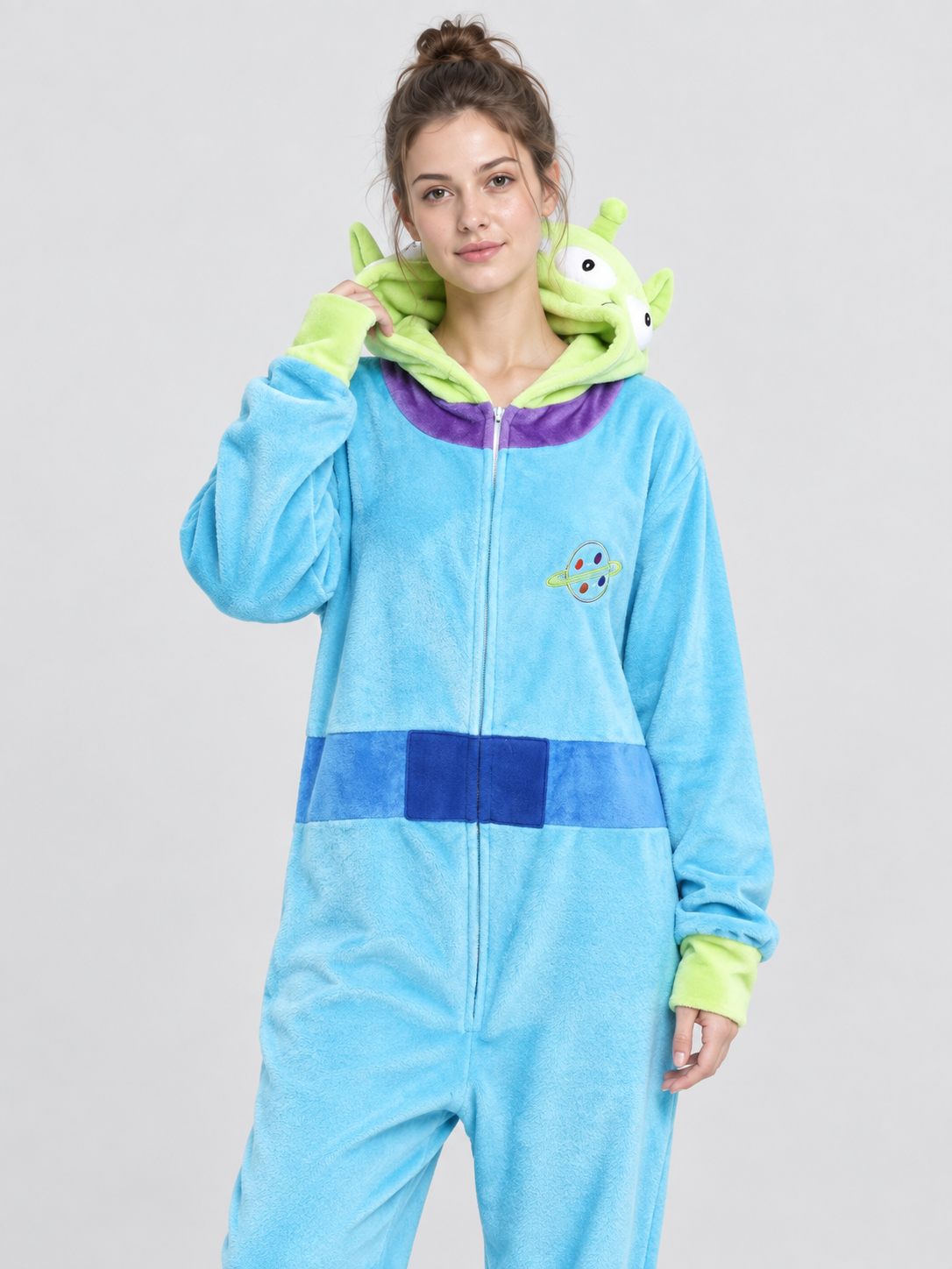 Pajama Jumpsuit with Puffy Hood and Zipper