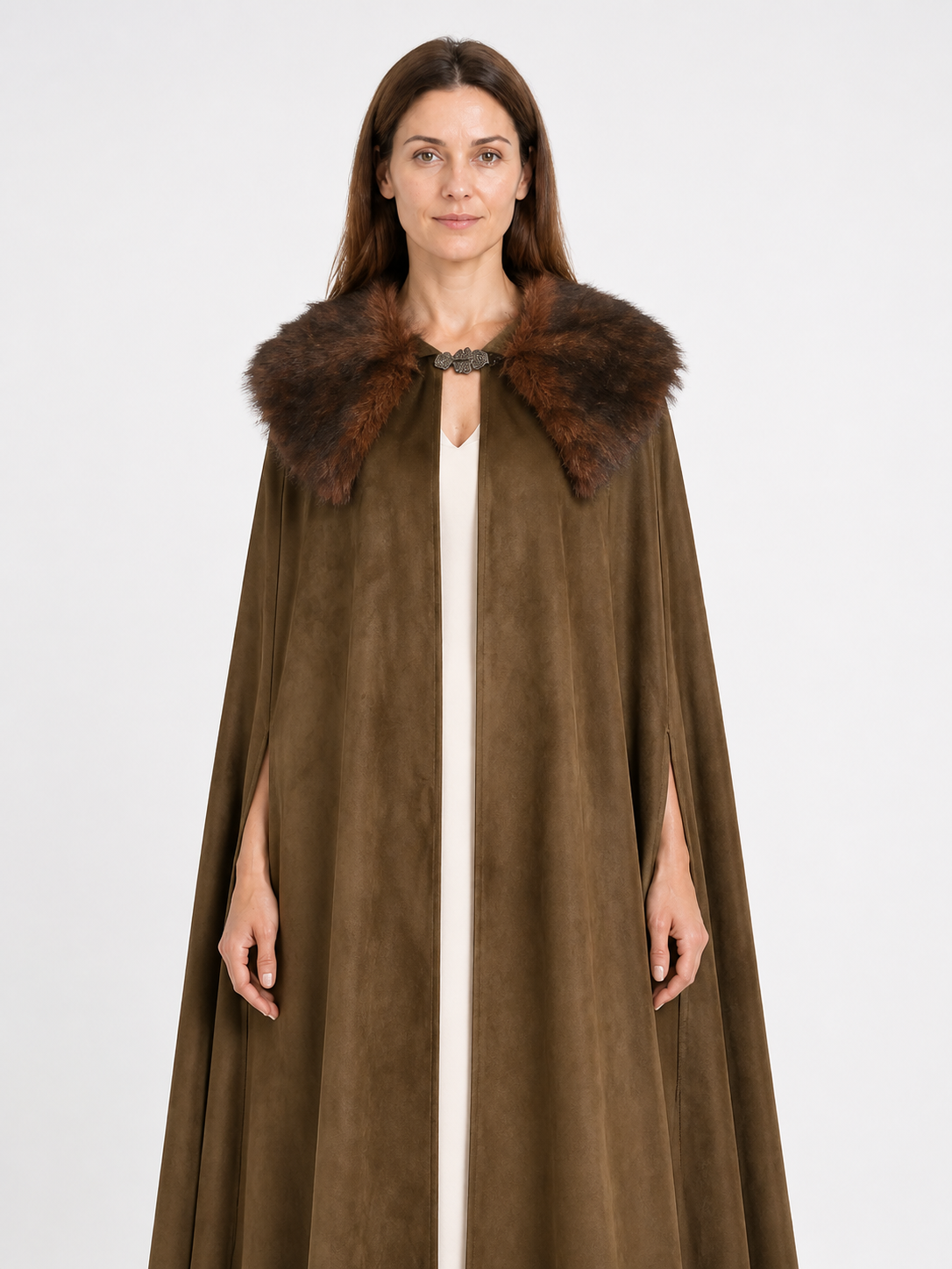 Long Open-Front Cape with Fur Collar, Brown