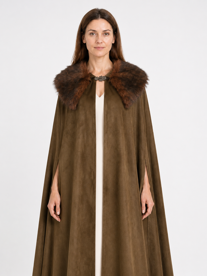 Long Open-Front Cape with Fur Collar, Brown