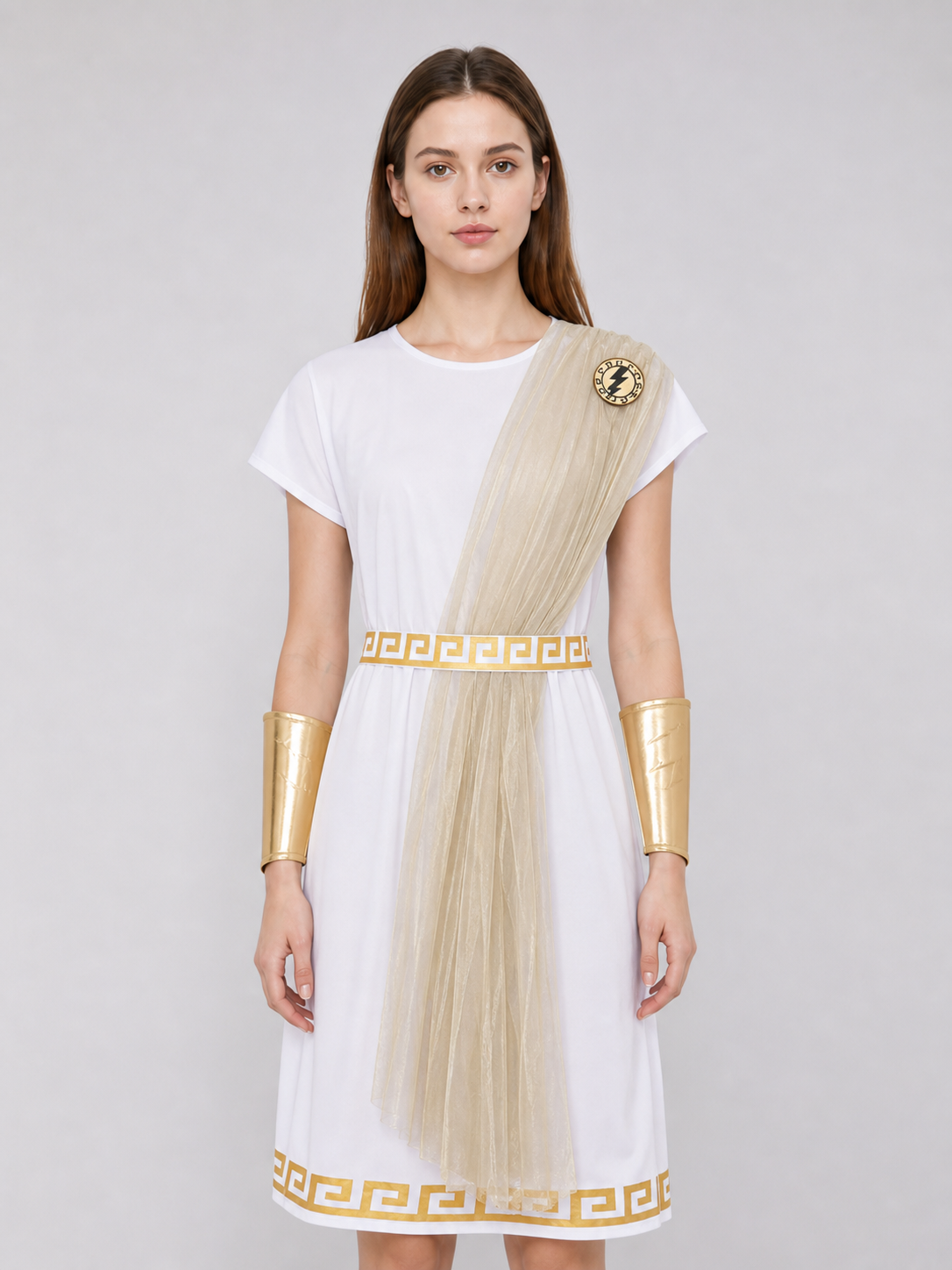 Greek-style costume designed as a classic draped garment with decorative